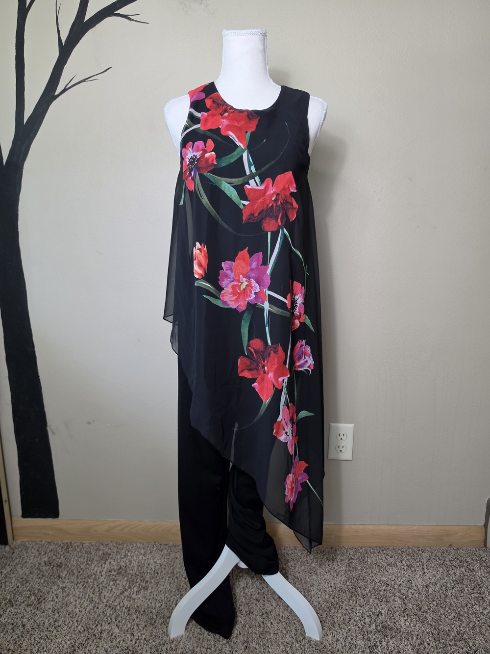 Venus Black Floral Asymmetrical Jumpsuit | Size Small | Overlay Wide Leg Formal